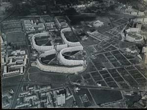 Black and white aerial shot of The Crescents flats, Hulme.